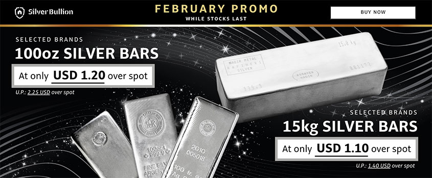 February 2024 Promo - Various Brands 15 KG Silver Bars at only 1.10 USD / oz over spot (Usual price at 1.40 USD / oz over spot) and Selected Brands 100 oz Silver Bars at only 1.20 USD / oz over spot (Usual price at 2.25 USD / oz over spot)