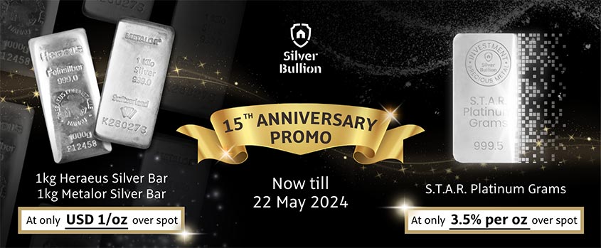 Silver Bullion 15th Anniversary Promo - 1 Kilogram Heraeus and Metalor Silver Bar at only 1 USD / oz over spot as well as S.T.A.R. Platinum Grams at only 3.5% over spot