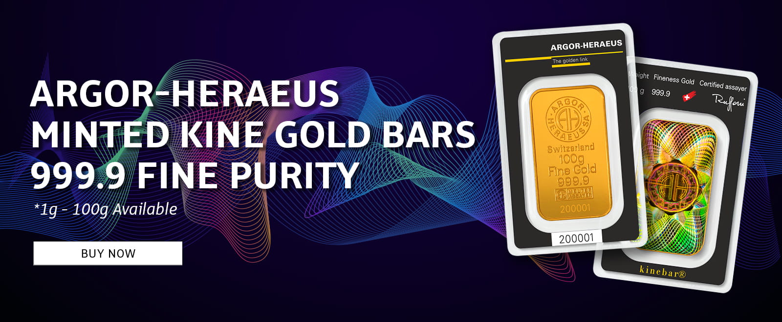 Argor-Heraeus Gold Minted Kine bars, available in various formats from 1 gram to 100 grams