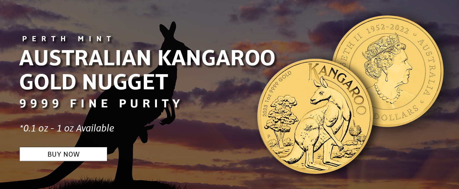 Perth Mint Australian Kangaroo Gold Nuggets, available in various weights from 1/10 oz to 1 oz