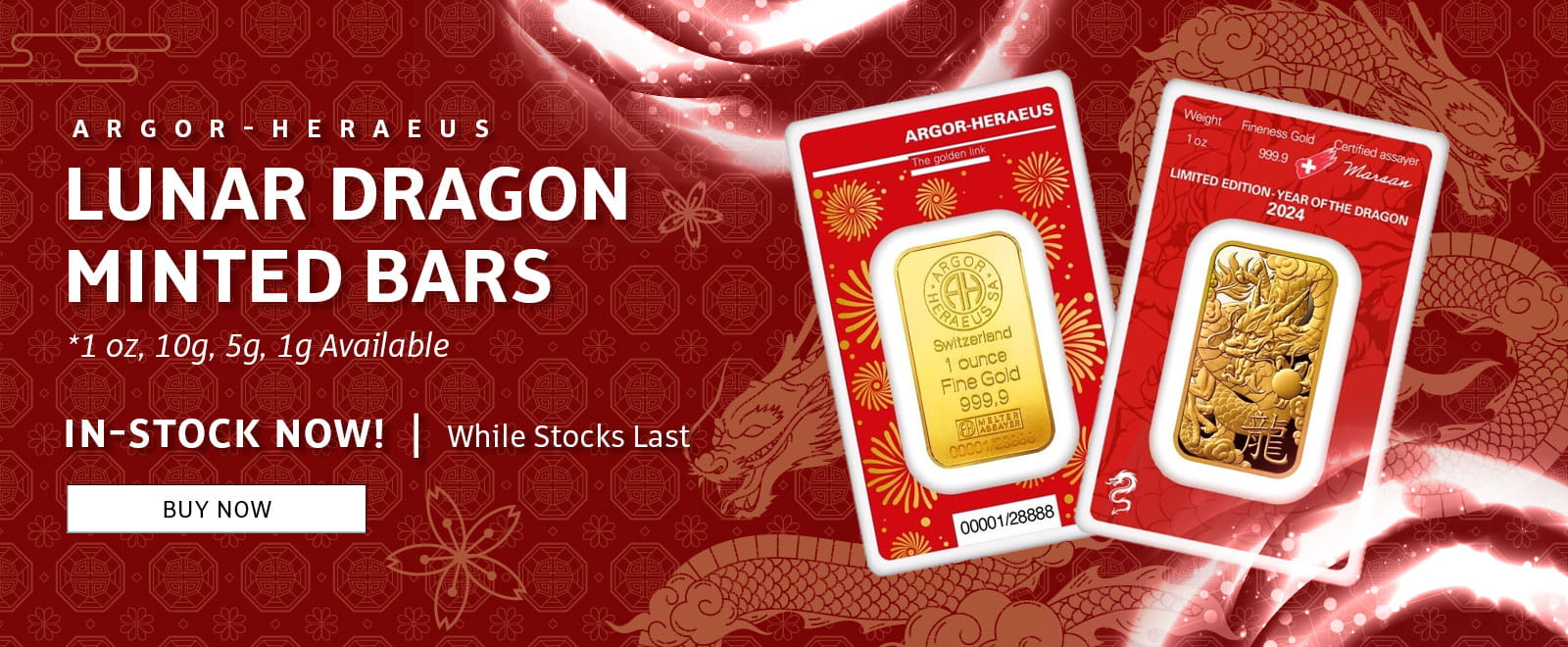 Argor-Heraeus Gold Minted Lunar Dragon bars, available in various formats - 1 oz, 10 grams, 5 grams and 1 gram