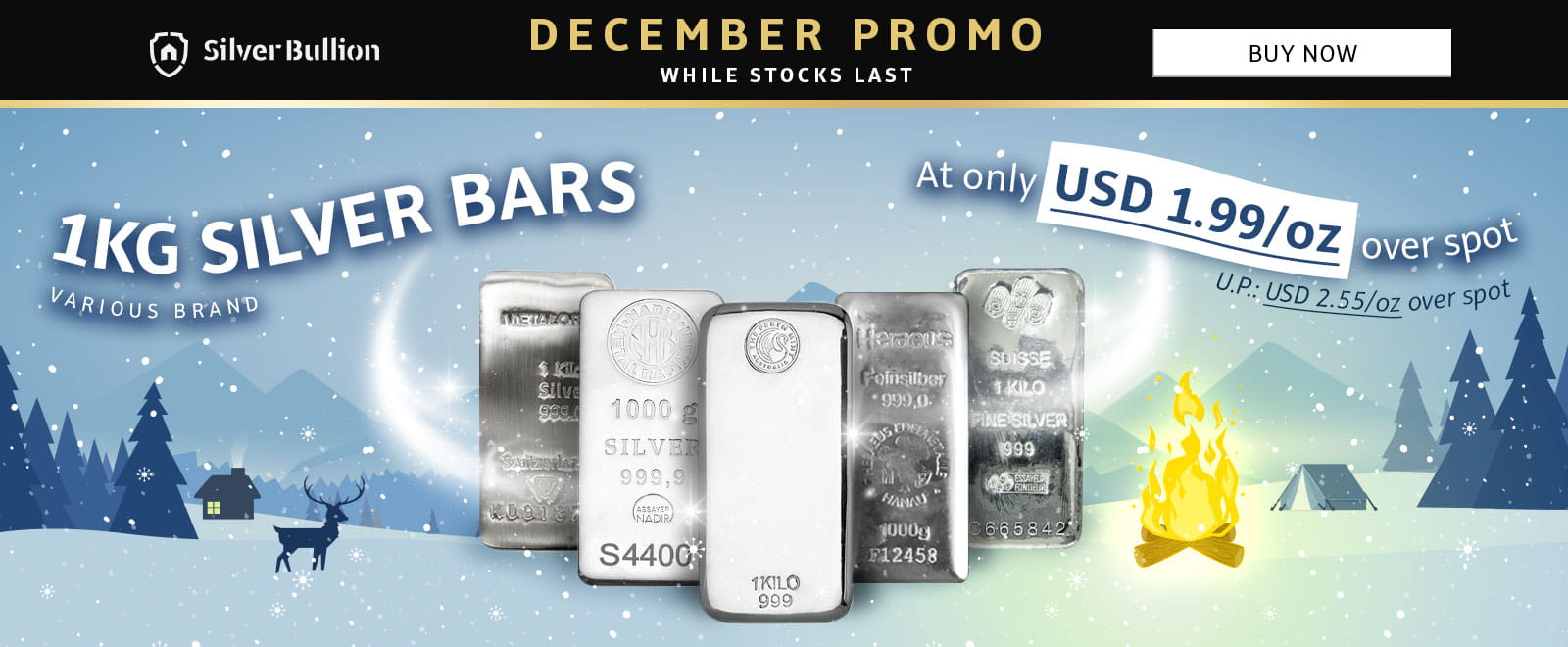 December 2023 Promo - Various Brand 1KG Silver Bars at only 1.99 USD / oz over spot (Usual price at 2.55 USD / oz over spot)