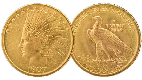 Image: 1907 Indian Head gold coin designed by Augustus Saint-Gaudens, featuring Lady Libert wearing a traditional Indian headdress. 