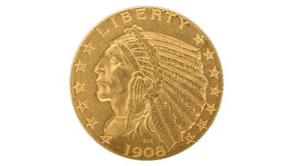 Image: Obverse of US$5 Indian Head coin desiged by Bela Lyon Pratt featuring a Native American in headdress.