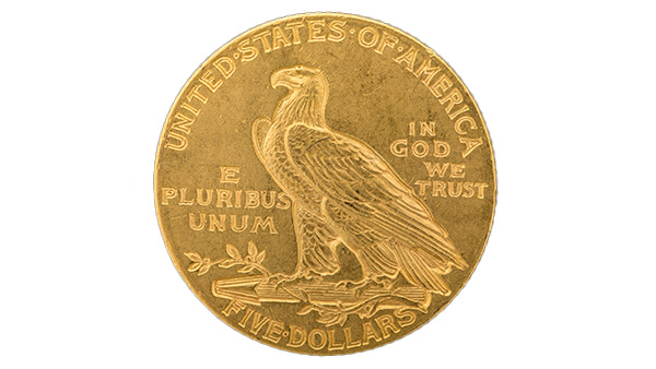 Image: Reverse of US$5 Indian Head coin desiged by Bela Lyon Pratt featuring a standing eagle.