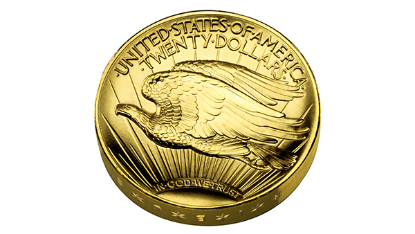 Image: Revers view of a high relief Saint-Gauden gold coin featuring the flying eagle.