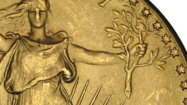 Image: Close-up of the olive branch held by Lady Liberty.
