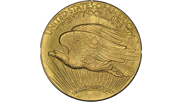 Image: Reverse view of the St Gauden gold coin featuring the eagle in flight.
