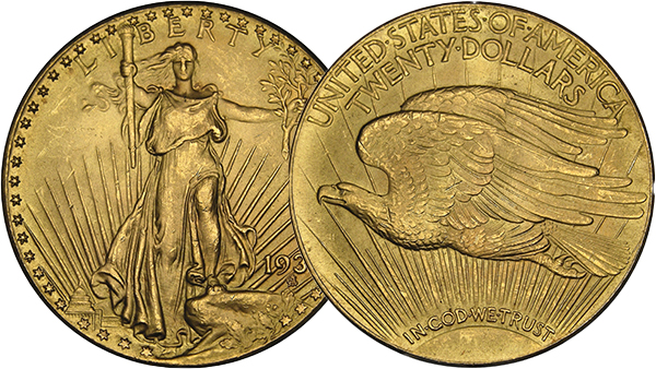 Image: Obverse and reverse views of a Saint-Gauden gold coin featuring Lady Liberty and a flying golden eagle respectively..