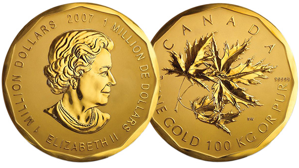Image: Obverse and reverse view of the 2007 Big Maple Leaf coin.