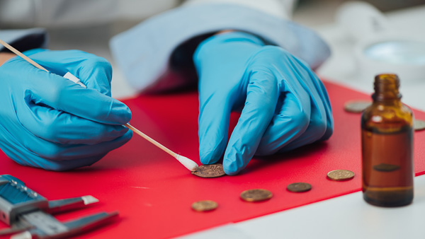 Image: Attempting to clean a gold coin while wearing gloves.
