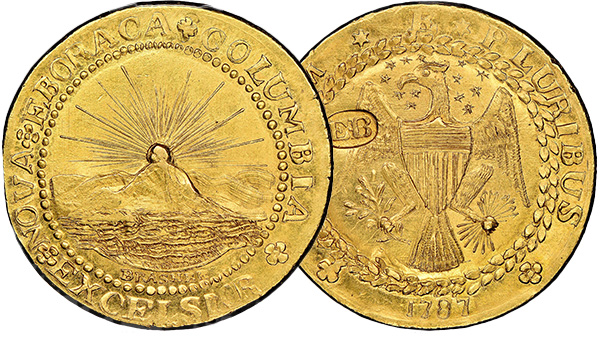 Image: Obverse and Reverse view of the 1787 Brasher Doubloon.