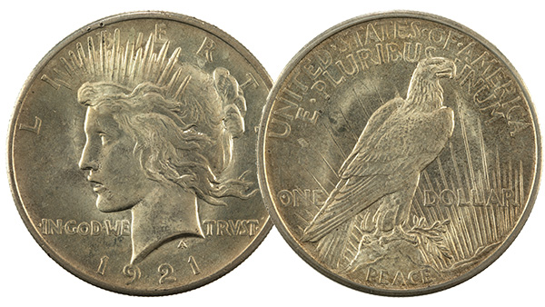 Image: Obverse and reverse of a 1921 Peace silver dollar.