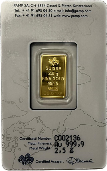 Gold 2.5 gram PAMP Suisse ROSA Minted Bar | Silver Bullion
