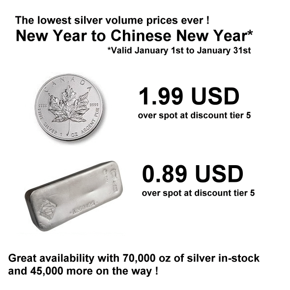 2014 New Year Special, Silver Maple Leaf coins at 1.99 USD over spot and JM Bars at 0.89 over spot at Discount Tier 5